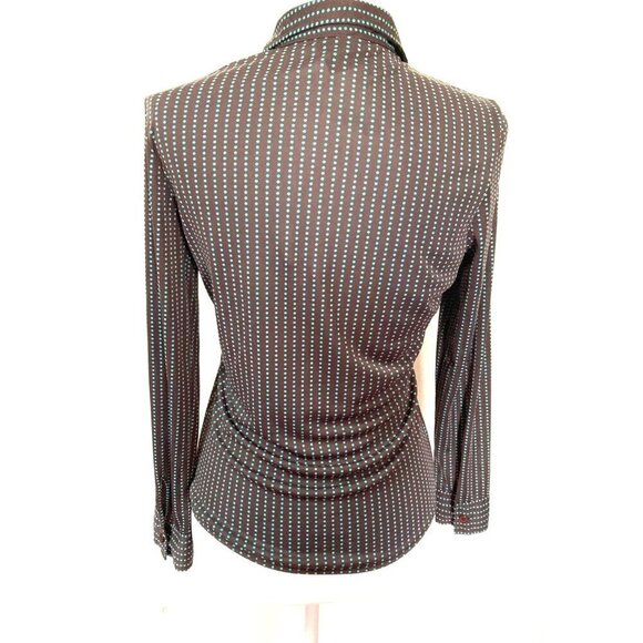 Express World Brand Chocolate Brown Teal Blue Swiss Dot Button Down Small - Picture 2 of 6